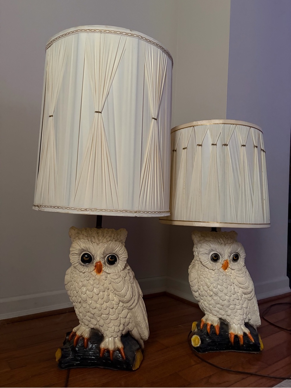 Ivory Owl Ceramic Table Lamp Pair with Pleated Shades